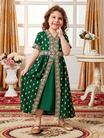 Young Girl Allover Print Contrast Guipure Lace Dress