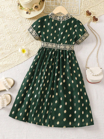 Young Girl Allover Print Contrast Guipure Lace Dress