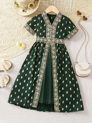 Young Girl Allover Print Contrast Guipure Lace Dress