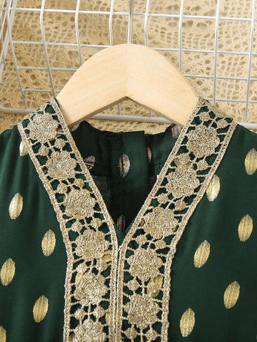 Young Girl Allover Print Contrast Guipure Lace Dress