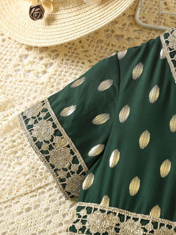 Young Girl Allover Print Contrast Guipure Lace Dress