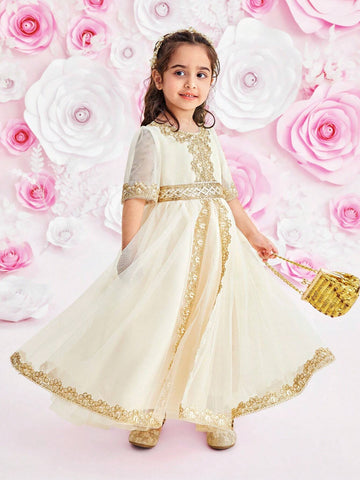 Young Girl And Toddler Girl Glitter Tulle Princess Dress With Gold Ribbon Hemline, Girls' Summer Clothes, Suitable For Parties And Occasions
