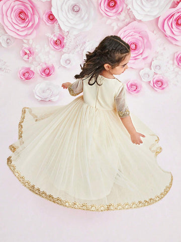 Young Girl And Toddler Girl Glitter Tulle Princess Dress With Gold Ribbon Hemline, Girls' Summer Clothes, Suitable For Parties And Occasions