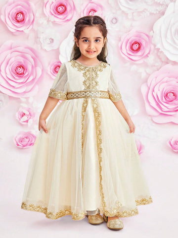 Young Girl And Toddler Girl Glitter Tulle Princess Dress With Gold Ribbon Hemline, Girls' Summer Clothes, Suitable For Parties And Occasions