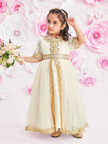 Young Girl And Toddler Girl Glitter Tulle Princess Dress With Gold Ribbon Hemline, Girls' Summer Clothes, Suitable For Parties And Occasions
