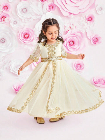Young Girl And Toddler Girl Glitter Tulle Princess Dress With Gold Ribbon Hemline, Girls' Summer Clothes, Suitable For Parties And Occasions