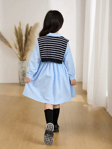 Young Girl And Young Girl Casual Collared Long Dress With Cinched Waist, Versatile, Fashionable, Unique