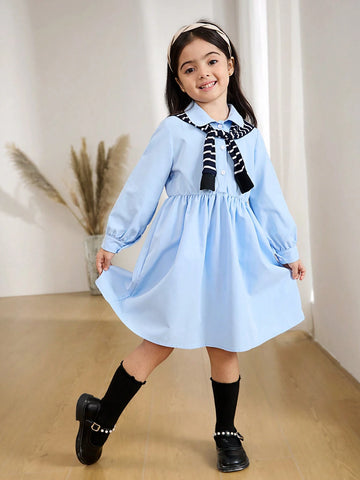 Young Girl And Young Girl Casual Collared Long Dress With Cinched Waist, Versatile, Fashionable, Unique