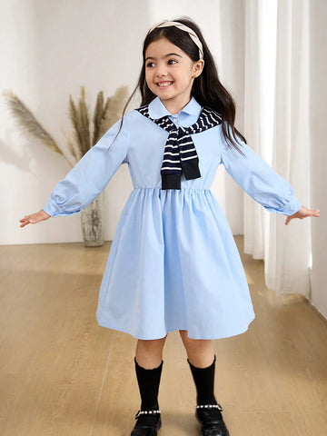 Young Girl And Young Girl Casual Collared Long Dress With Cinched Waist, Versatile, Fashionable, Unique