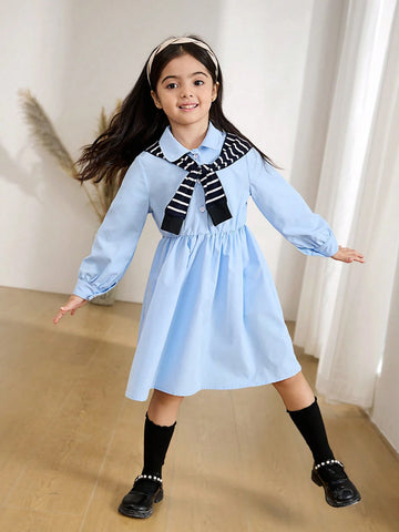Young Girl And Young Girl Casual Collared Long Dress With Cinched Waist, Versatile, Fashionable, Unique