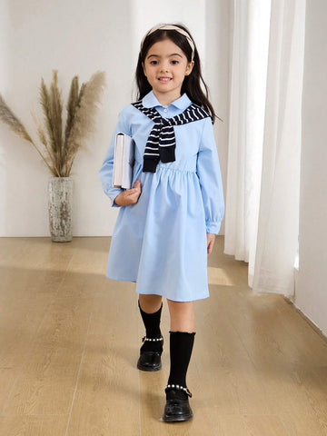 Young Girl And Young Girl Casual Collared Long Dress With Cinched Waist, Versatile, Fashionable, Unique