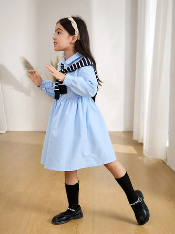 Young Girl And Young Girl Casual Collared Long Dress With Cinched Waist, Versatile, Fashionable, Unique