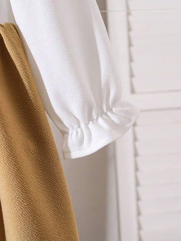 Young Girl And Young Girl Casual Color Block Bow Collar Ruffle Sleeve, Cinched Waist Mid-Length Long Sleeve Dress
