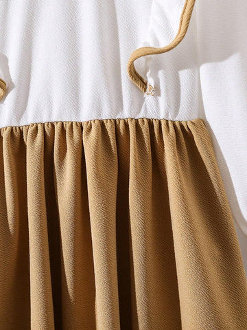 Young Girl And Young Girl Casual Color Block Bow Collar Ruffle Sleeve, Cinched Waist Mid-Length Long Sleeve Dress