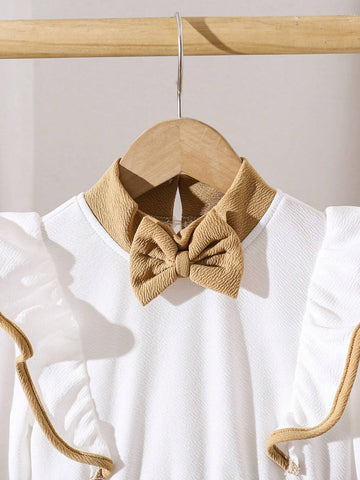 Young Girl And Young Girl Casual Color Block Bow Collar Ruffle Sleeve, Cinched Waist Mid-Length Long Sleeve Dress