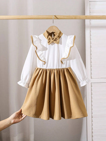 Young Girl And Young Girl Casual Color Block Bow Collar Ruffle Sleeve, Cinched Waist Mid-Length Long Sleeve Dress