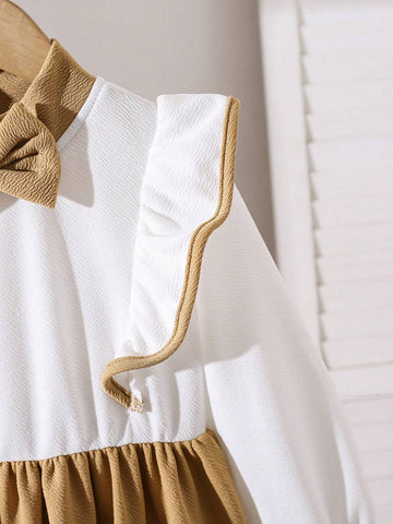 Young Girl And Young Girl Casual Color Block Bow Collar Ruffle Sleeve, Cinched Waist Mid-Length Long Sleeve Dress