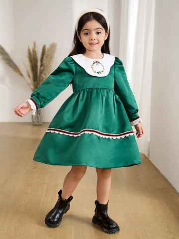 Young Girl And Young Girl Casual Floral Embroidered Collar Waisted Dress, Style, Suitable For Daily Outings And Parties, Autumn/Winter