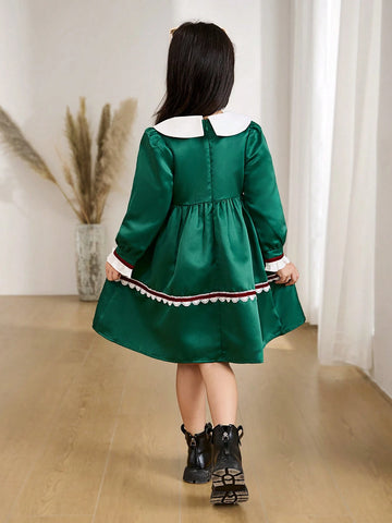 Young Girl And Young Girl Casual Floral Embroidered Collar Waisted Dress, Style, Suitable For Daily Outings And Parties, Autumn/Winter