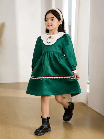 Young Girl And Young Girl Casual Floral Embroidered Collar Waisted Dress, Style, Suitable For Daily Outings And Parties, Autumn/Winter