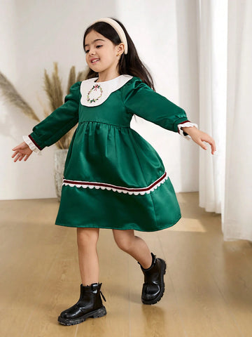 Young Girl And Young Girl Casual Floral Embroidered Collar Waisted Dress, Style, Suitable For Daily Outings And Parties, Autumn/Winter