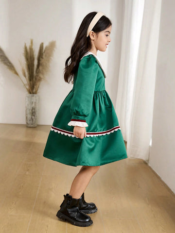 Young Girl And Young Girl Casual Floral Embroidered Collar Waisted Dress, Style, Suitable For Daily Outings And Parties, Autumn/Winter