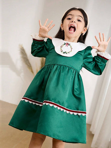 Young Girl And Young Girl Casual Floral Embroidered Collar Waisted Dress, Style, Suitable For Daily Outings And Parties, Autumn/Winter