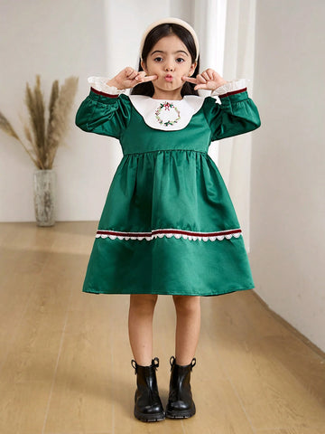 Young Girl And Young Girl Casual Floral Embroidered Collar Waisted Dress, Style, Suitable For Daily Outings And Parties, Autumn/Winter