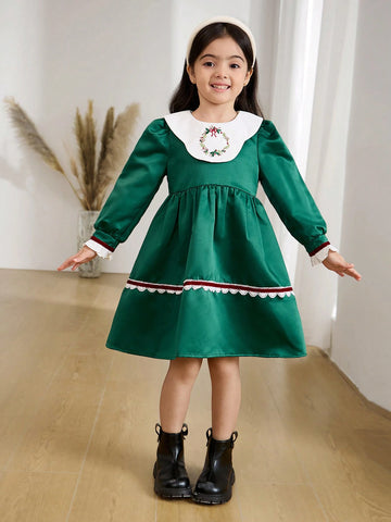 Young Girl And Young Girl Casual Floral Embroidered Collar Waisted Dress, Style, Suitable For Daily Outings And Parties, Autumn/Winter