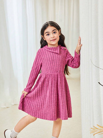 Young Girl And Young Girl Casual Fuchsia Ribbed Collar Textured Sequin & Rhinestone Embellished Waisted Mid-Length Dress