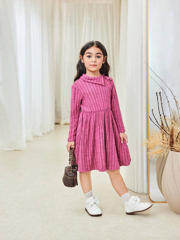 Young Girl And Young Girl Casual Fuchsia Ribbed Collar Textured Sequin & Rhinestone Embellished Waisted Mid-Length Dress