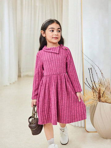 Young Girl And Young Girl Casual Fuchsia Ribbed Collar Textured Sequin & Rhinestone Embellished Waisted Mid-Length Dress