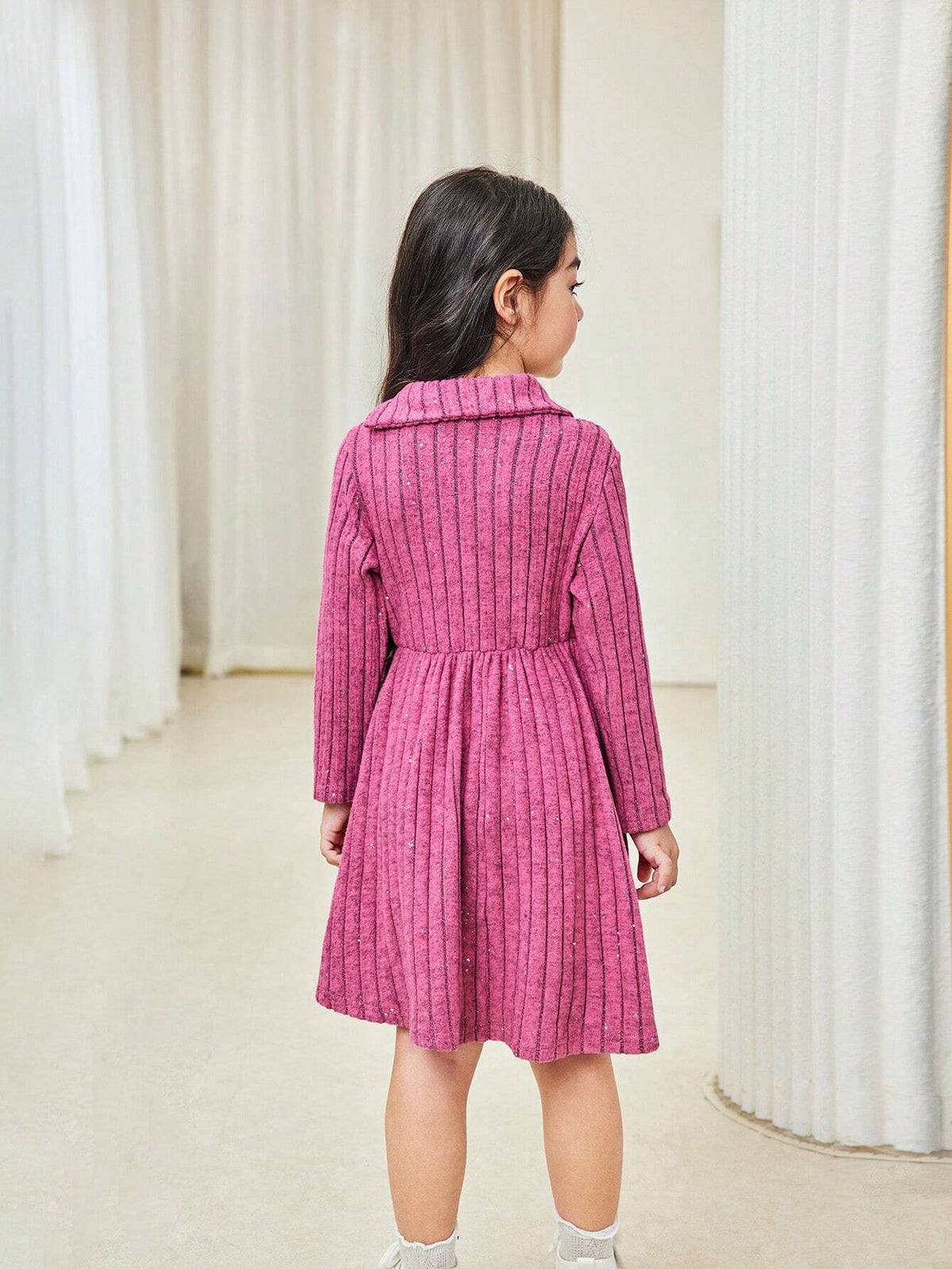 Young Girl And Young Girl Casual Fuchsia Ribbed Collar Textured Sequin & Rhinestone Embellished Waisted Mid-Length Dress