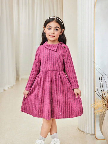 Young Girl And Young Girl Casual Fuchsia Ribbed Collar Textured Sequin & Rhinestone Embellished Waisted Mid-Length Dress