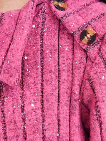 Young Girl And Young Girl Casual Fuchsia Ribbed Collar Textured Sequin & Rhinestone Embellished Waisted Mid-Length Dress