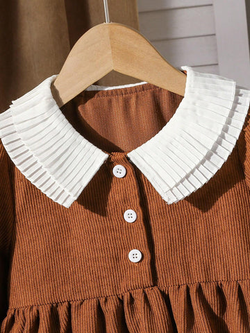 Young Girl And Young Girl Casual Ruffled Layered Puff Collar Cinched Waist Mid-Length Corduroy Dress