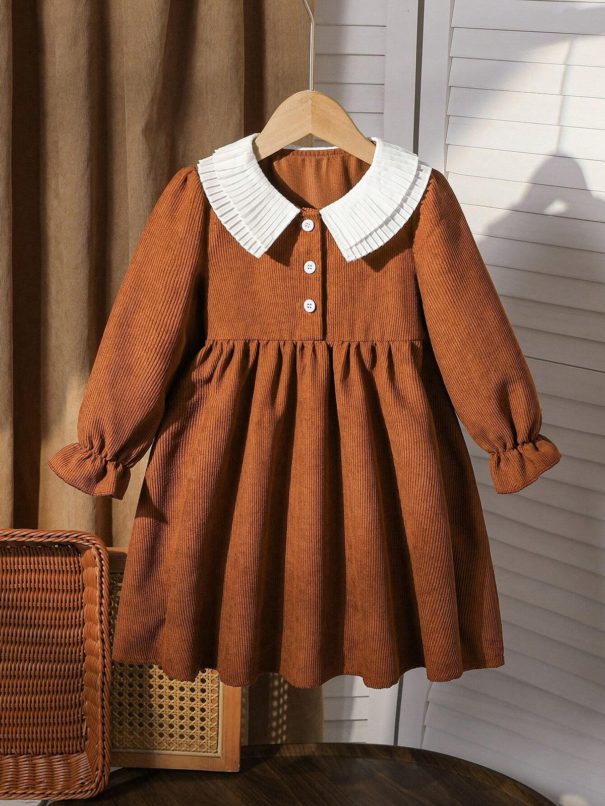 Young Girl And Young Girl Casual Ruffled Layered Puff Collar Cinched Waist Mid-Length Corduroy Dress