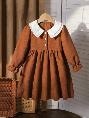 Young Girl And Young Girl Casual Ruffled Layered Puff Collar Cinched Waist Mid-Length Corduroy Dress