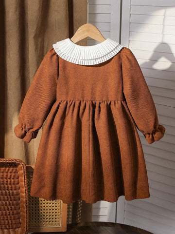 Young Girl And Young Girl Casual Ruffled Layered Puff Collar Cinched Waist Mid-Length Corduroy Dress