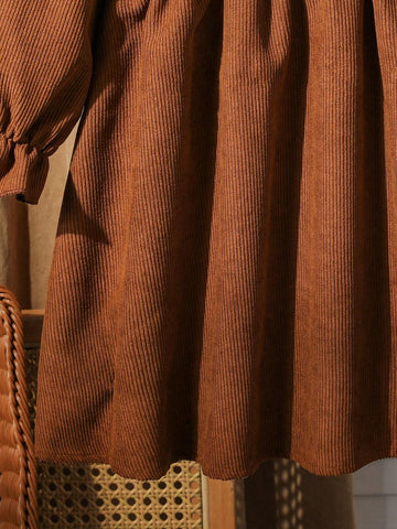 Young Girl And Young Girl Casual Ruffled Layered Puff Collar Cinched Waist Mid-Length Corduroy Dress