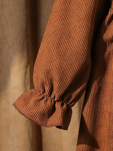 Young Girl And Young Girl Casual Ruffled Layered Puff Collar Cinched Waist Mid-Length Corduroy Dress