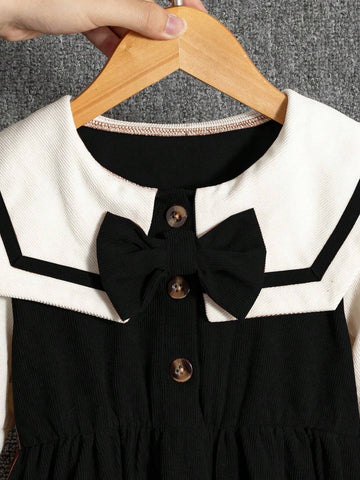 Young Girl Casual Square Neck Bow Detail Long Sleeve Waisted Dress, Suitable For Everyday Outings