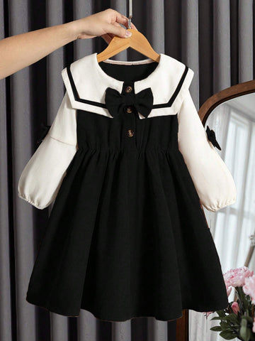 Young Girl Casual Square Neck Bow Detail Long Sleeve Waisted Dress, Suitable For Everyday Outings