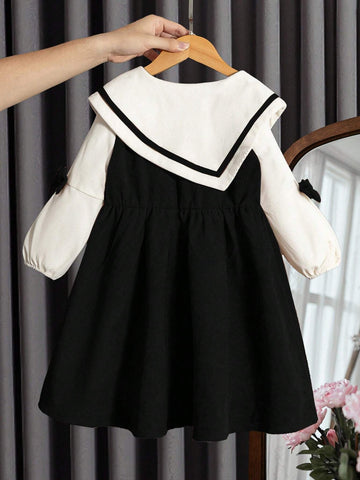 Young Girl Casual Square Neck Bow Detail Long Sleeve Waisted Dress, Suitable For Everyday Outings