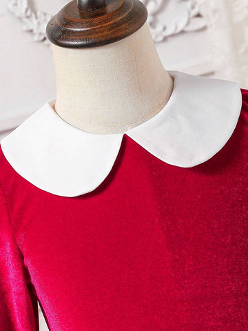 Young Girl And Young Girl Casual Velvet Peter Pan Collar Jumper Dress