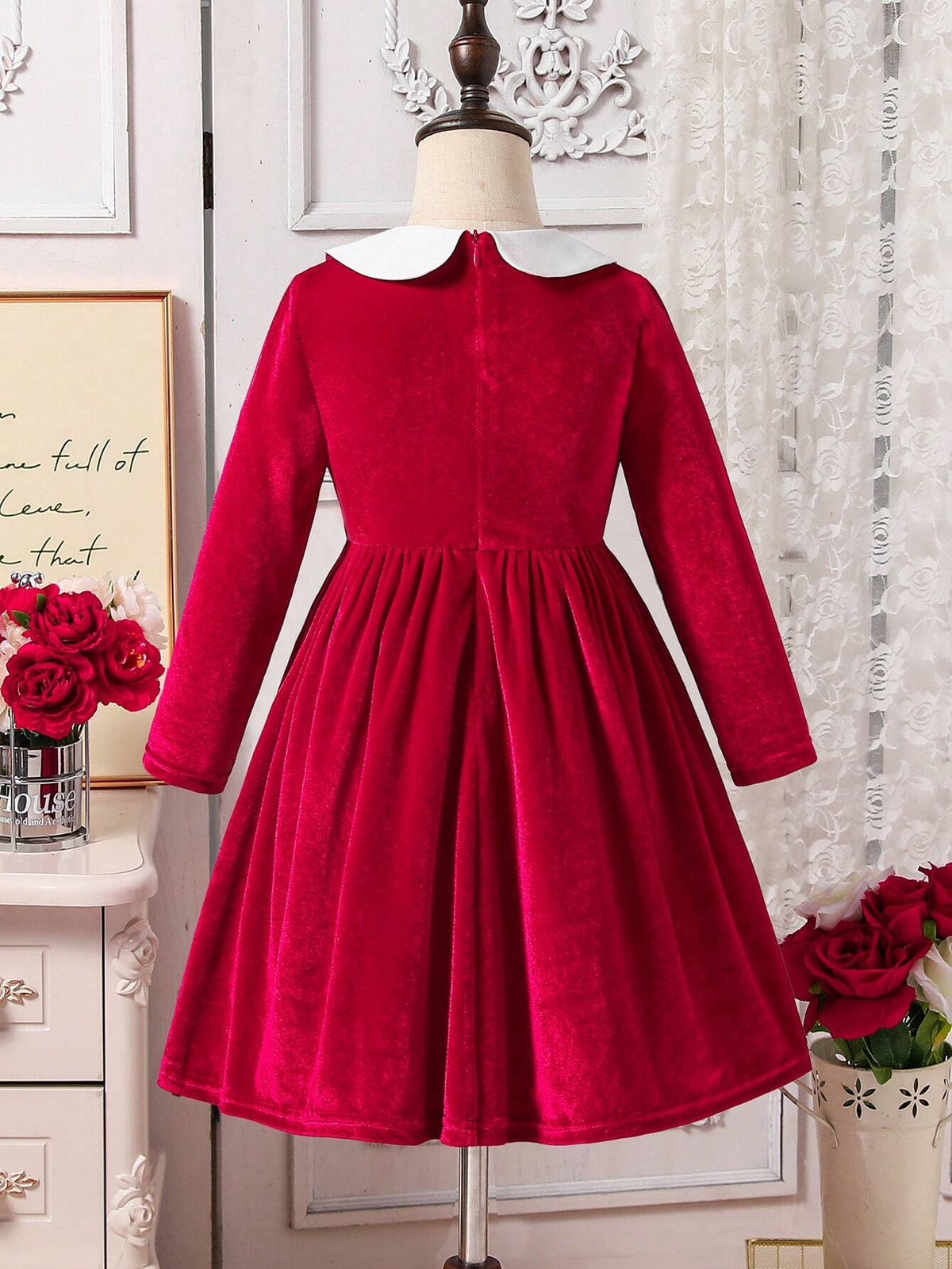 Young Girl And Young Girl Casual Velvet Peter Pan Collar Jumper Dress