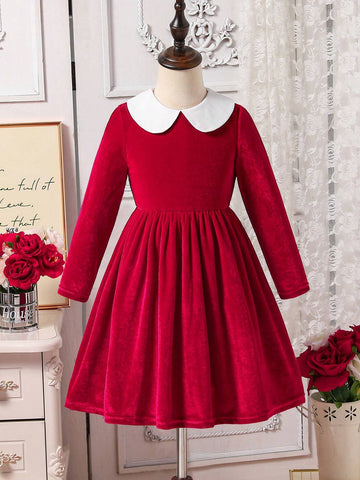 Young Girl And Young Girl Casual Velvet Peter Pan Collar Jumper Dress