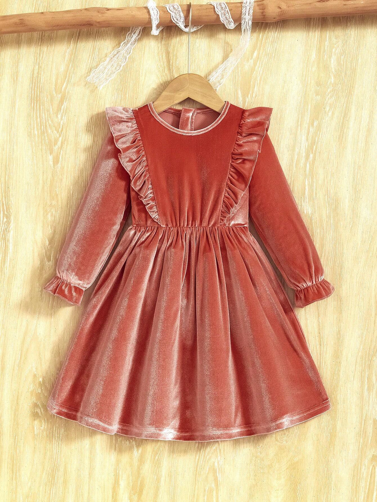 Young Girl Elegant Soft Adorable Ruffle Trim Velvet Long Sleeve Pink Dress, Suitable For Outings, Daily Wear, And Special Occasions