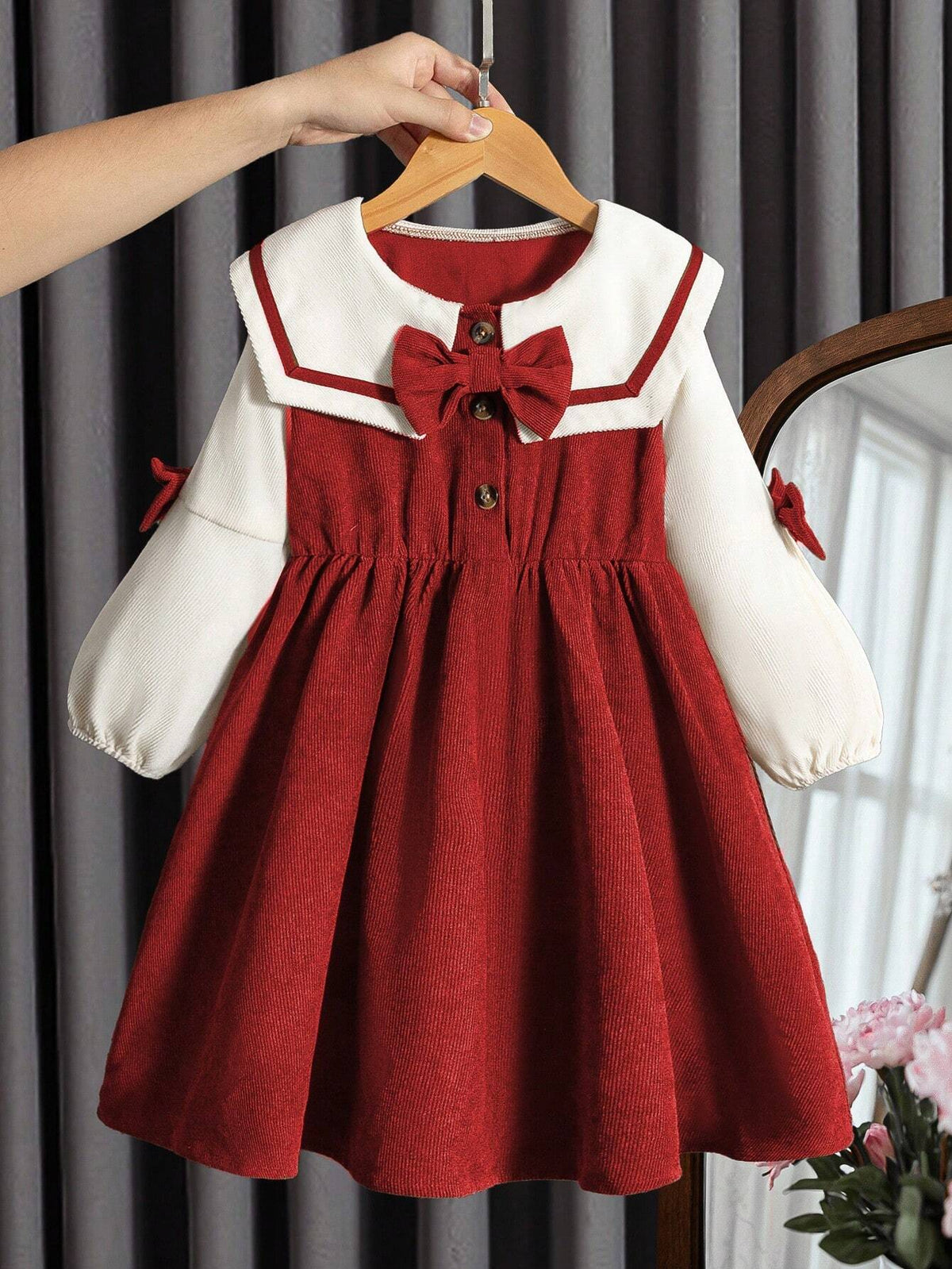 Young Girl And Young Girl Long Sleeve Bow Tie Square Neck Waist Cinched Dress, Casual Autumn/Winter Outfit