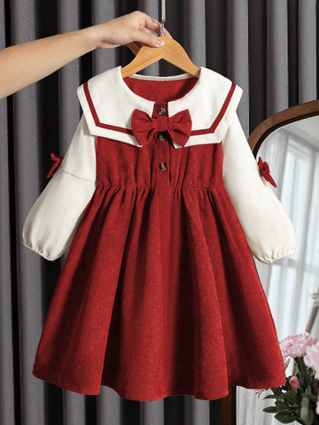 Young Girl And Young Girl Long Sleeve Bow Tie Square Neck Waist Cinched Dress, Casual Autumn/Winter Outfit